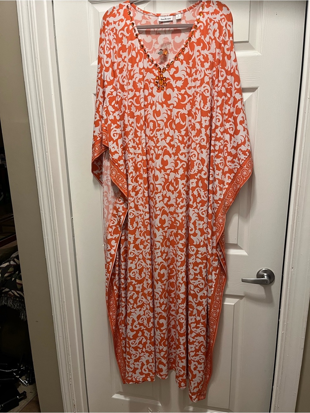 Joan Rivers Orange and White Printed V-Neck Maxi Caftan w
